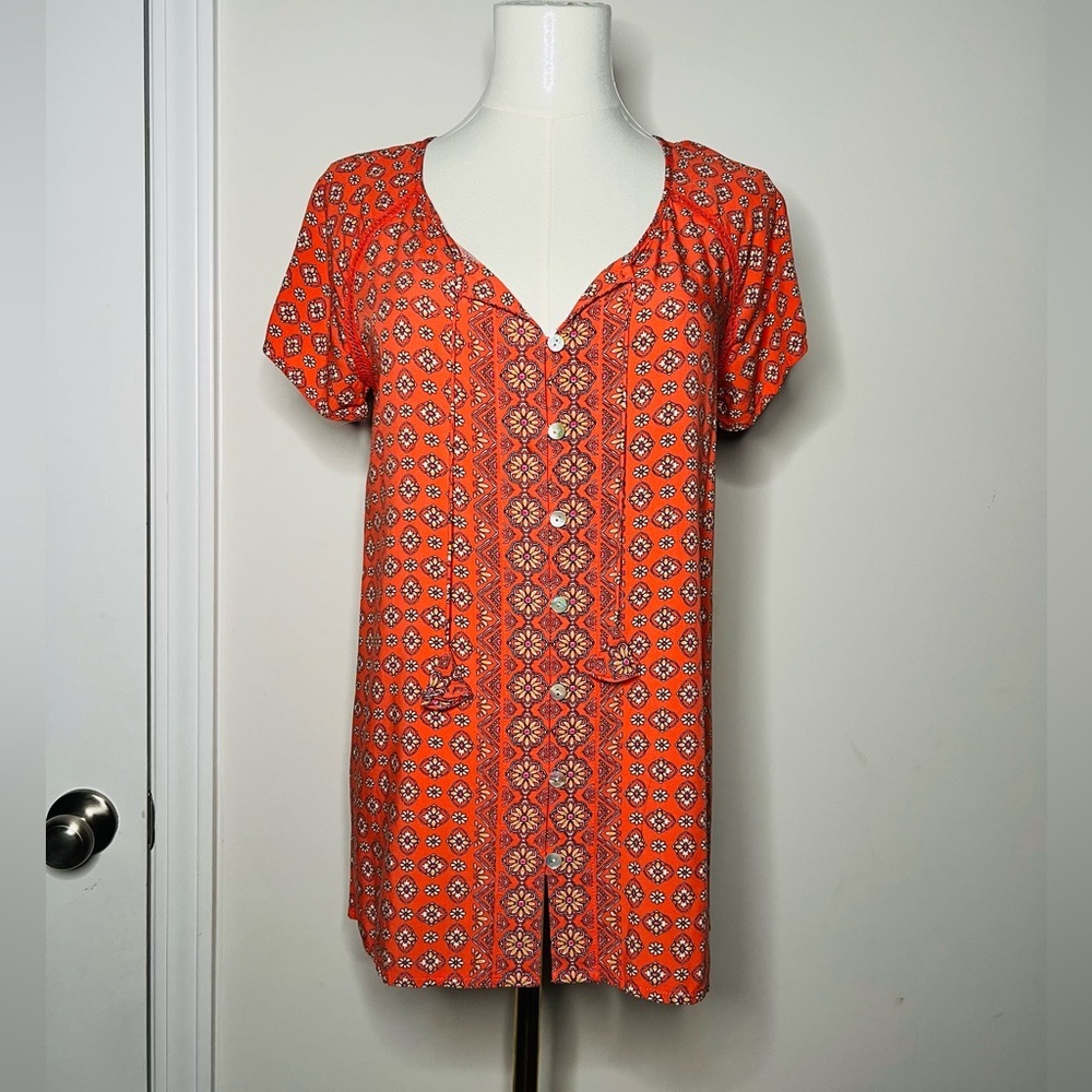 J Jill Orange Floral Print Button Up Short Sleeve Blouse Top‎ Women's Sz XS